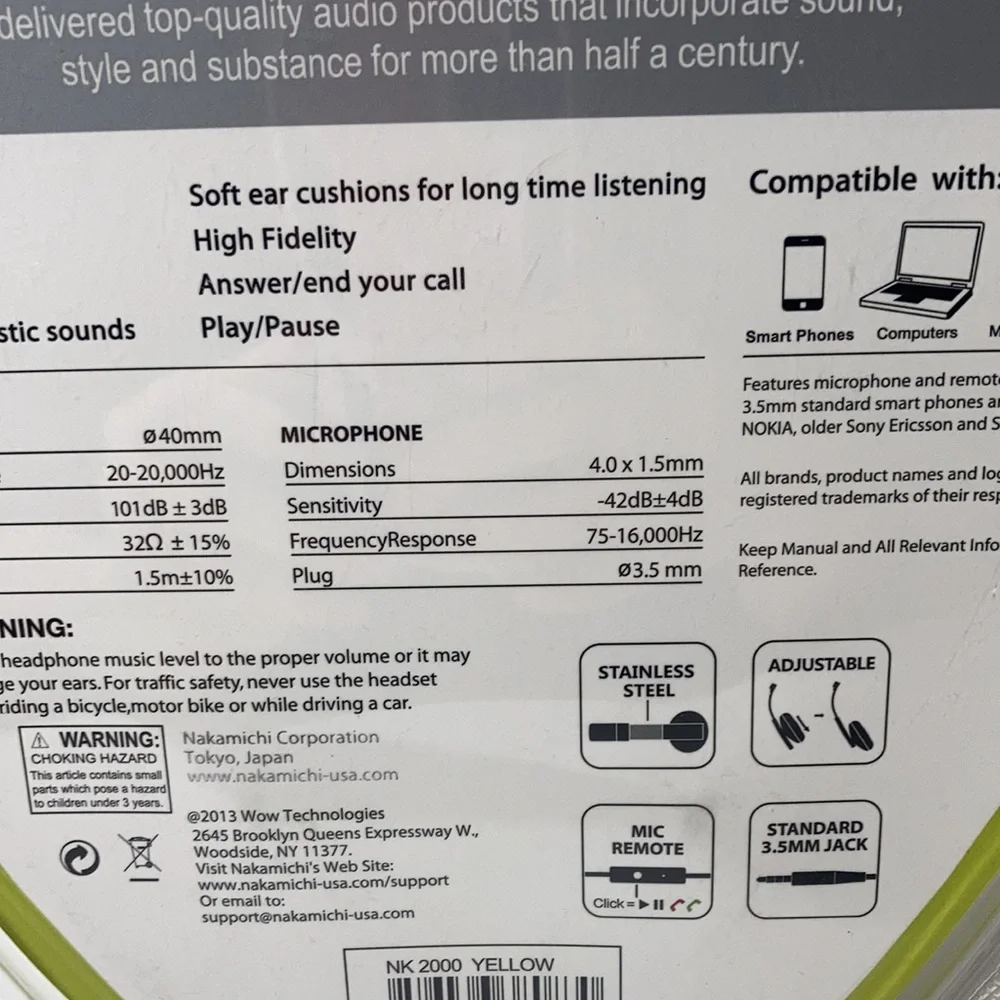 Nakamichi Amplified Stereo Headphones Wired Mic Remote Green Adjustable NWT - Picture 10 of 16